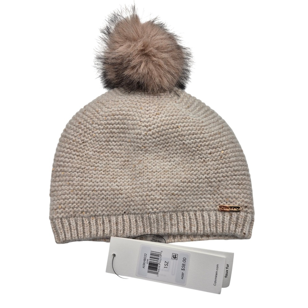 Calvin Klein Mini Sequin Faux Fur Pom Beanie Hat Cream One Size Fits Most
